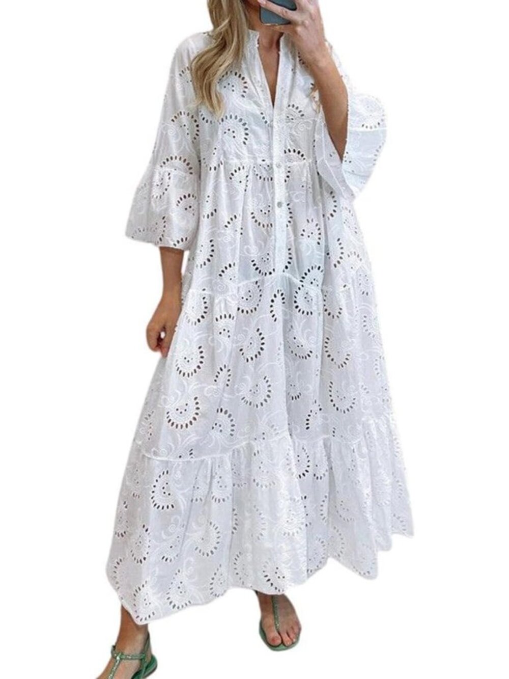 Lace Eyelet Embroidery Maxi Dress - V-Neck Trumpet Sleeve Boho Flowy Swing Dress